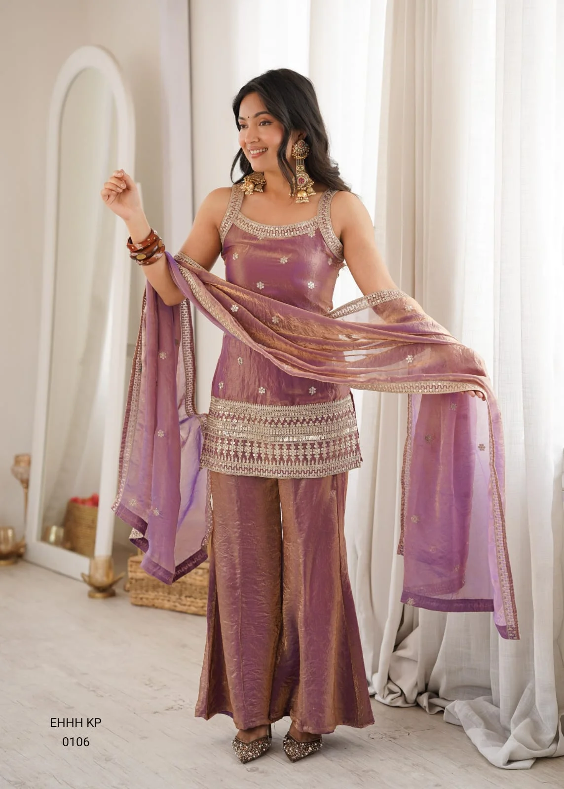 Women’s Silk Sequins, Dori & Zari Embroidered Sharara Set with Dupatta